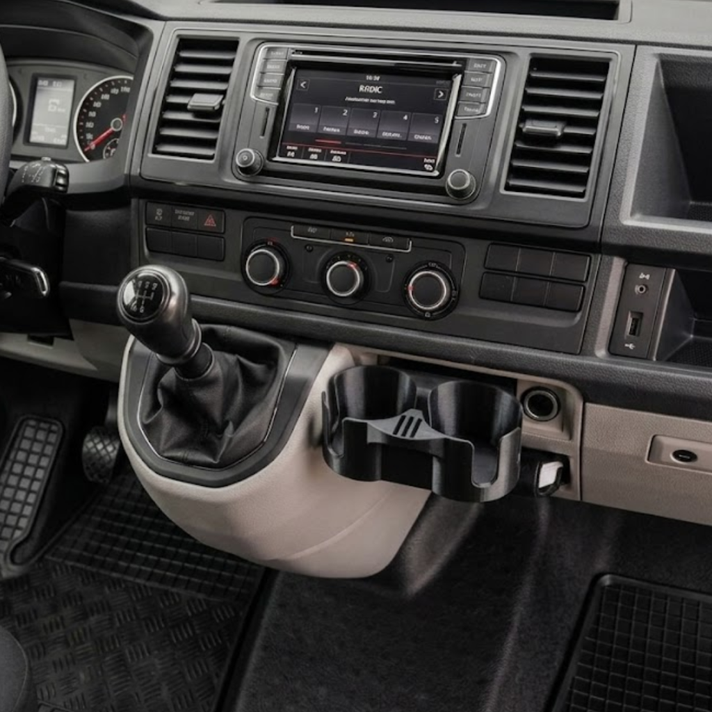Getränkehalter VW T6 2015–2024 – Passgenau fürs Ablagefach neben dem Schalthebel, schwarz.
