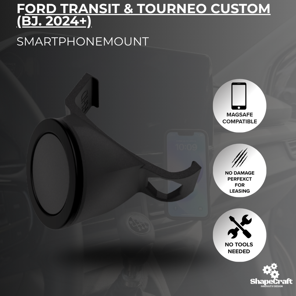 Handyhalterung Ford Transit & Tourneo Custom ab 2024 – Clip fürs 13"-Display, magnetisch & MagSafe-kompatibel.