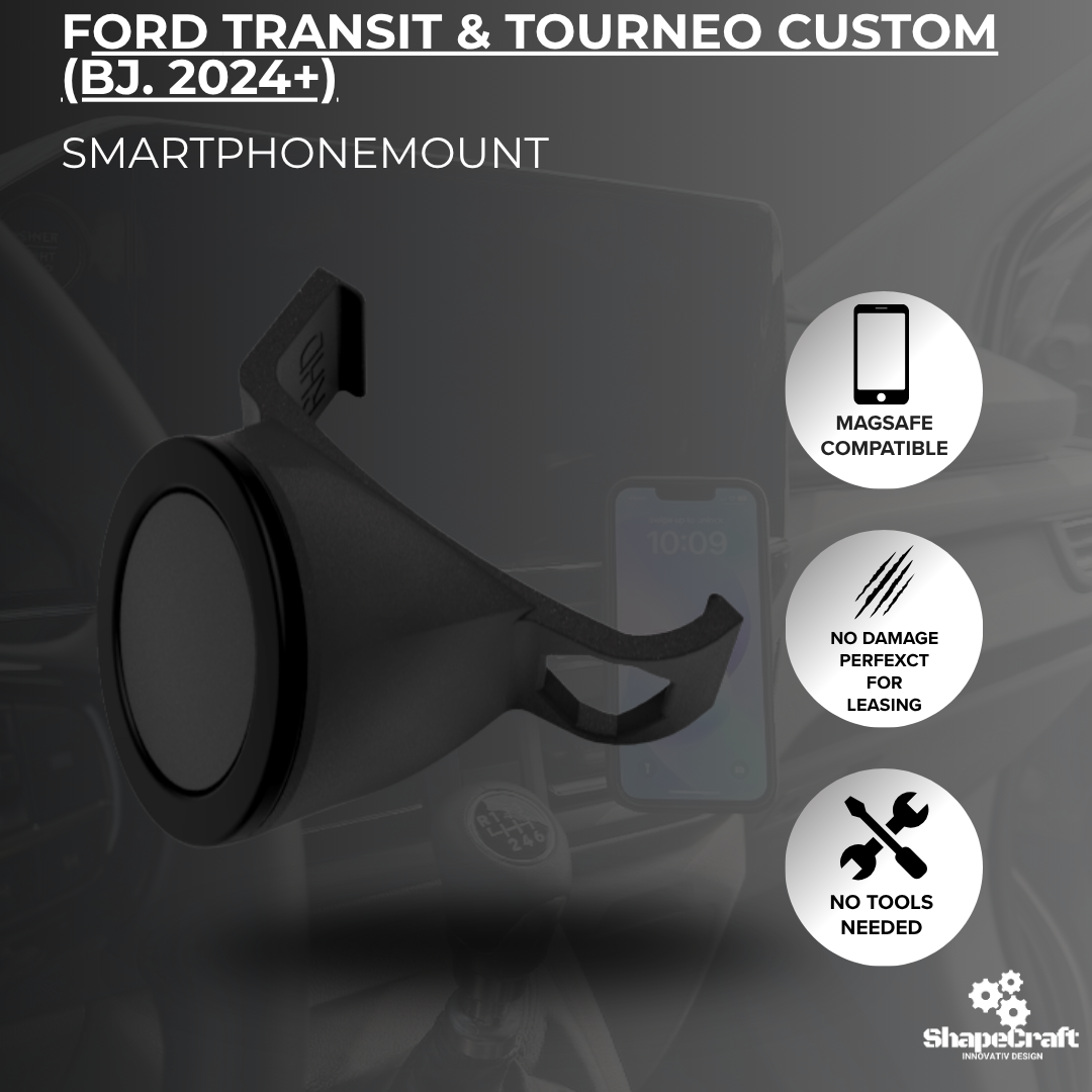 Handyhalterung Ford Transit & Tourneo Custom ab 2024 – Clip fürs 13"-Display, magnetisch & MagSafe-kompatibel.